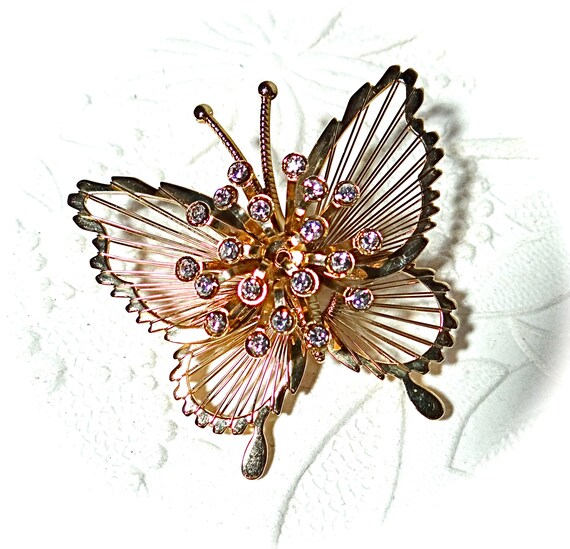 Gold Rhinestone Butterfly Brooch Vintage Monet Pi… - image 2