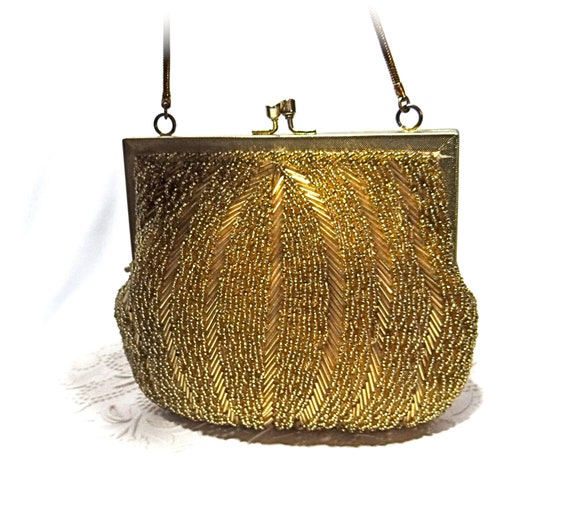 Gold Beaded Evening Bag Vintage Handbags 1960's Pu