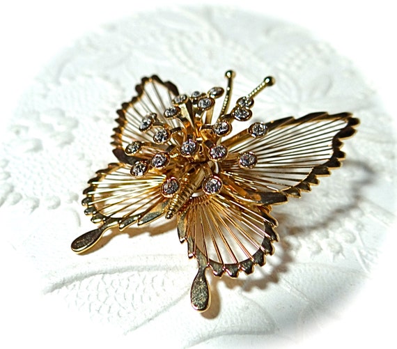 Gold Rhinestone Butterfly Brooch Vintage Monet Pi… - image 4