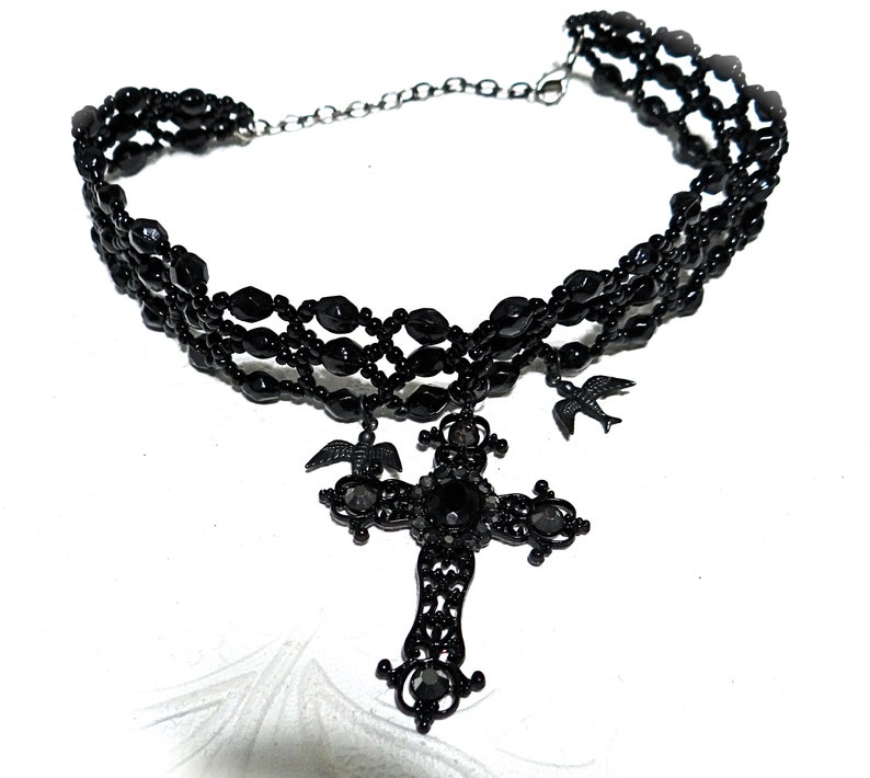 Beaded Black Gothic Choker Black Cross Necklace Costume | Etsy