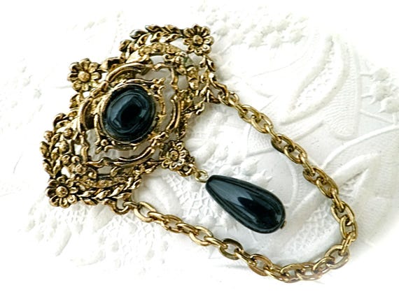 Victorian Brooch Costume Jewelry Gold & Black Pin… - image 1