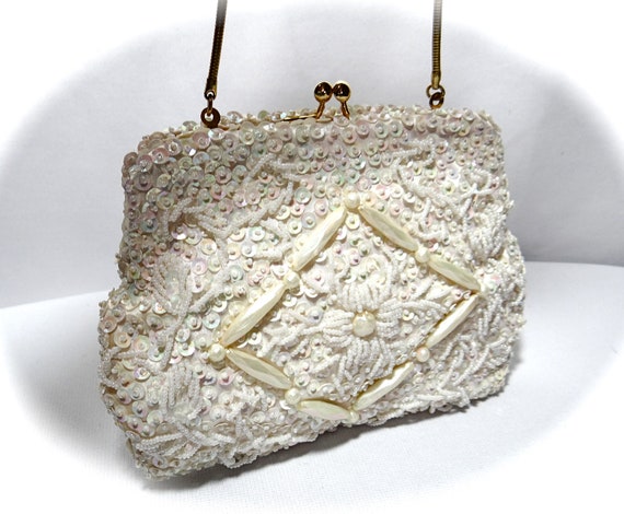 Sequined Beaded Evening Bag Vintage Ivory Purse 19