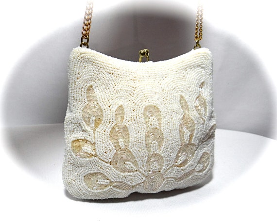 Ivory Beaded Evening Bag Vintage 1950's Handbag V… - image 1