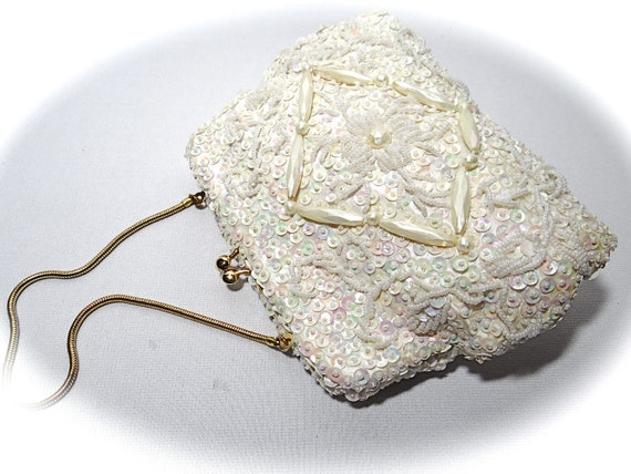 Sequined Beaded Evening Bag Vintage Ivory Purse 1… - image 2