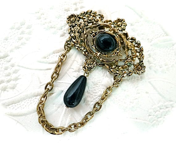 Victorian Brooch Costume Jewelry Gold & Black Pin… - image 4