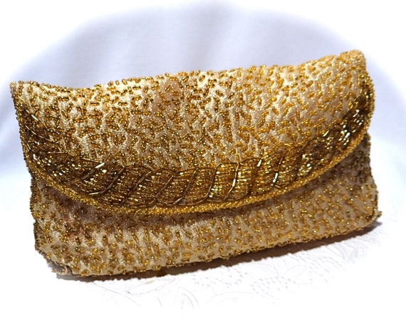 Gold Beaded Walborg Vintage Evening Bag Clutch Ha… - image 1