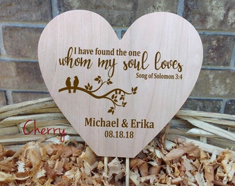 Wooden Heart Wedding Cake Topper - I have found the one whom my soul loves - Song of Solomon 3:4 - Personalized with First Names and Date