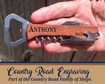 Personalized Engraved Wood Bottle Opener with Wine Corkscrew Multi Tool - First Name with Year - Engraved Name Groomsman Gift - Wedding Gift