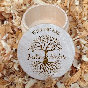 Natural Finish - Personalized Wedding Ring Box with Tree of Life First Names - With this ring - Tree with Roots