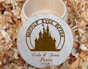 Natural Finish Personalized - Happily Ever After Princess Castle - First and Last Names with Date Round Ring Bearer box, Wedding Accessories