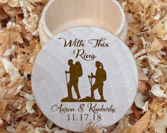 Natural Finish Personalized - Silhouette Couple of Your Choice with First Names and Date - With This Ring -  Round Ring Bearer box