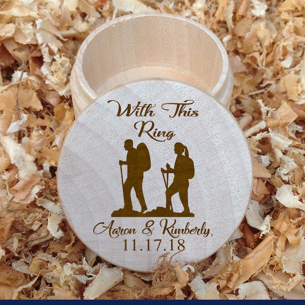 Natural Finish Personalized - Silhouette Couple of Your Choice with First Names and Date - With This Ring -  Round Ring Bearer box