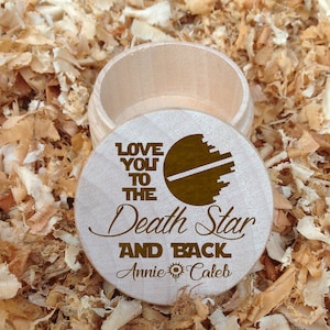Natural Finish Personalized Love You To The Death Star And Back with First Names - ring bearer box - Theme Wedding - Death Star