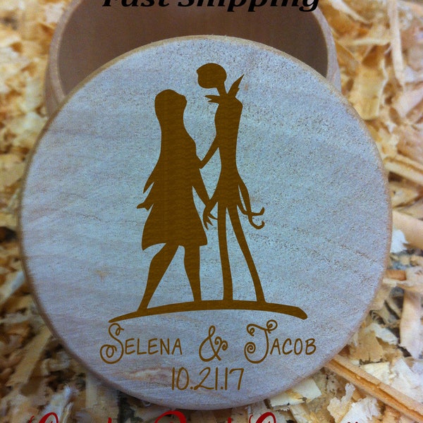 Natural Finish Personalized  - Jack and Sally - First Names with Date - Wooden Round Ring Bearer box