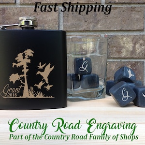 Duck Landing Scenery Personalized Gift Set - Includes One Flask and a SET OF 9 Whiskey Stones - Duck Hunter - whiskey gift set