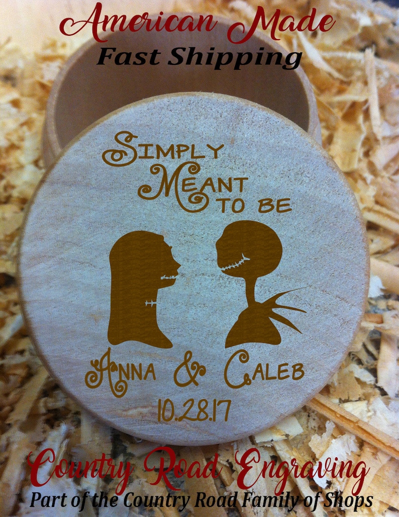 Natural Finish Personalized Simply Meant To Be First Name Jack and Sally Wooden Round Ring Bearer box Nightmare Before Christmas