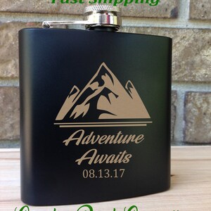 Mountain Peak with Adventure Awaits and Date Engraved Single Flask - Wedding Gift - Bridal Gift - Grooms Gift - SHIPS from the USA