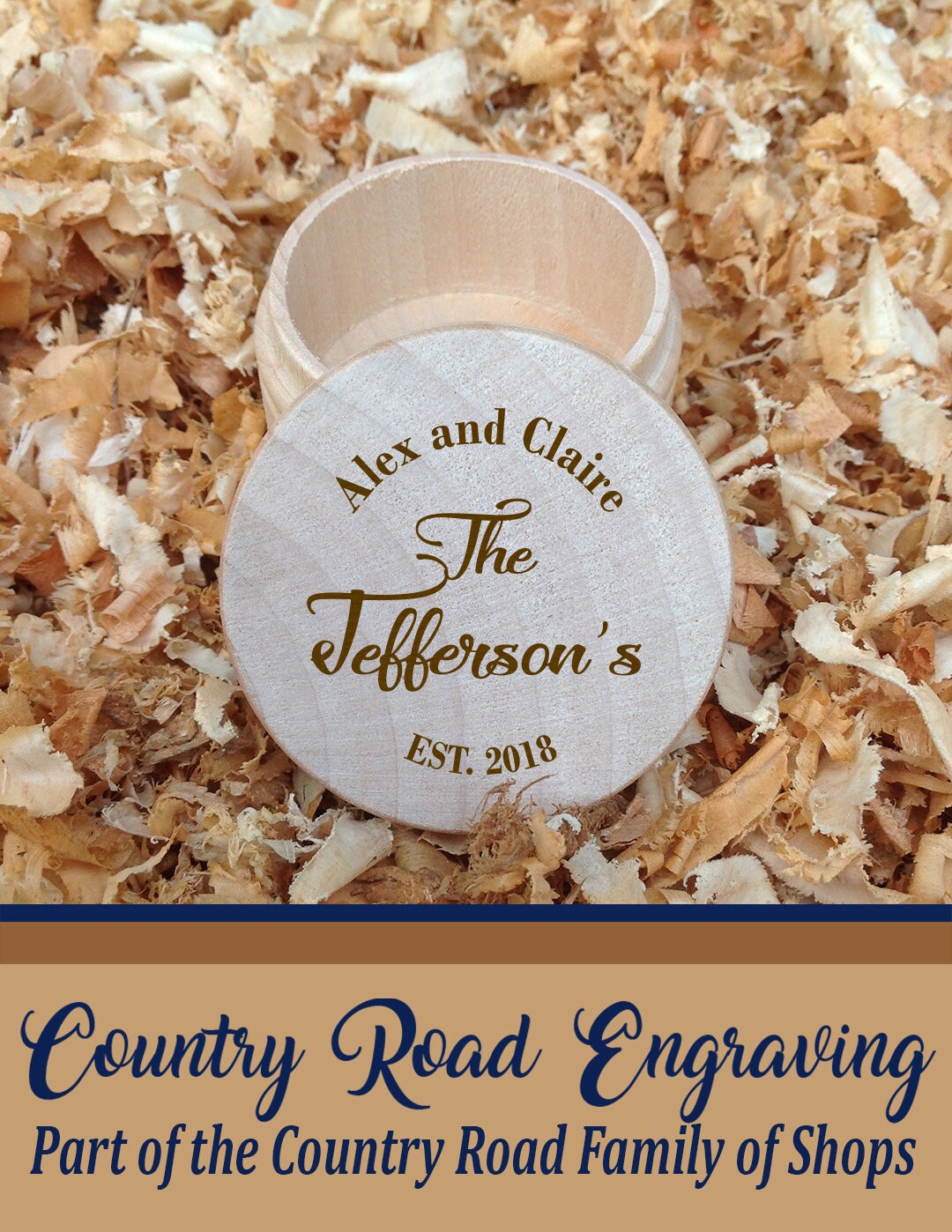 Natural Finish Elegant Couples Wedding Ring Box Arched First and Last Names With Date Ring