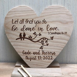 Wooden Heart Wedding Cake Topper - Let All That You Do Be Done In Love - 1 Corinthians 16:14 - Personalized with First Names and Date