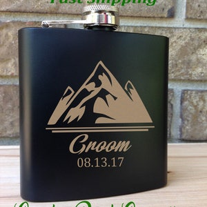 Mountain Peak with Title and Date Engraved Single Flask - Wedding Gift - Bridal Gift - Grooms Gift - SHIPS from the USA