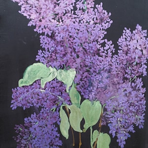 May include: A painting of purple lilac flowers with green leaves and brown stems against a black backdrop. The lilac blooms are clustered, and the leaves are large and heart-shaped. The artwork is a close-up of the flowers.