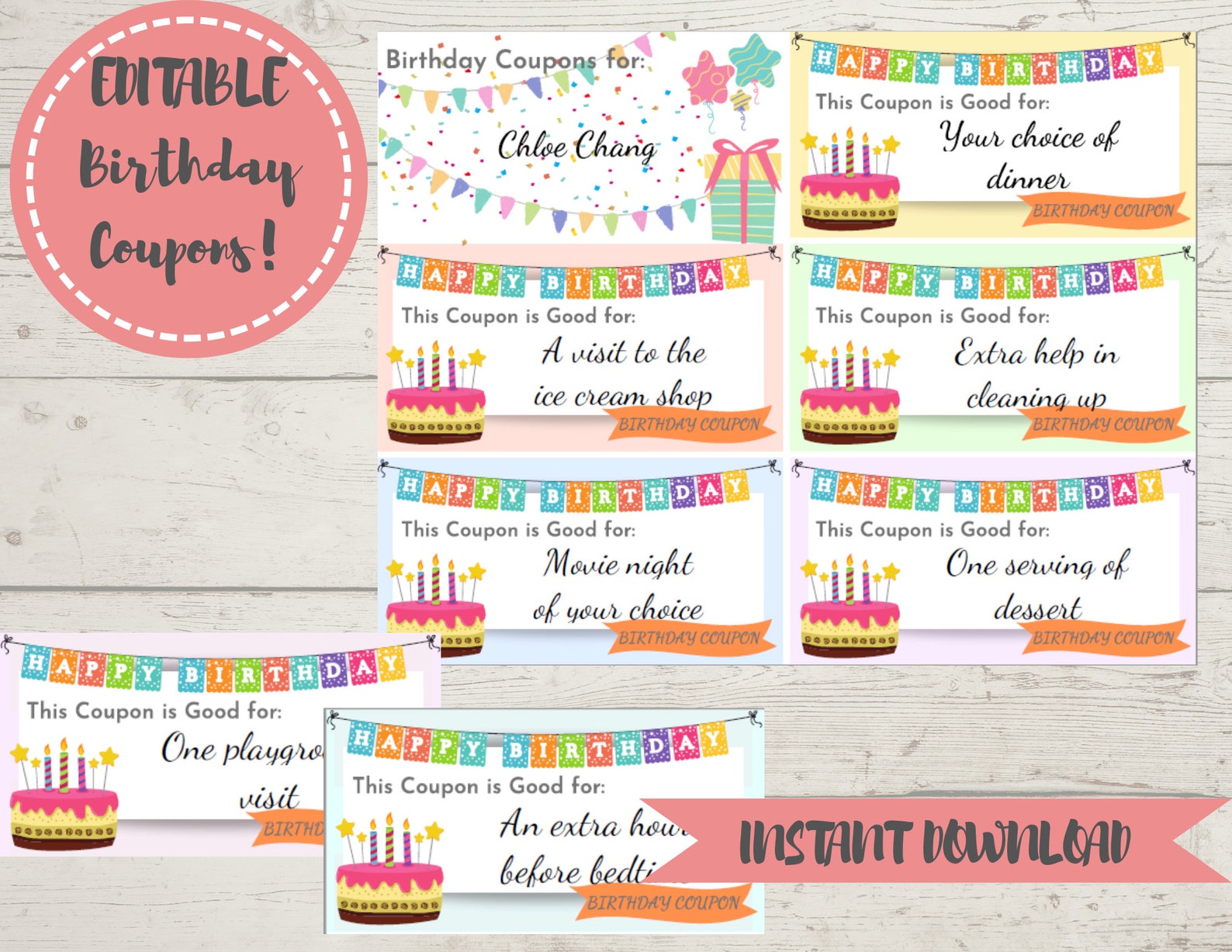 EDITABLE Birthday Coupon Cards Kid Birthday Gifts Party Activities Arts