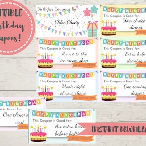 EDITABLE Birthday Coupons Cards - Kid Birthday Gifts Party Activities Arts Crafts Play - Téléchargement numérique imprimable