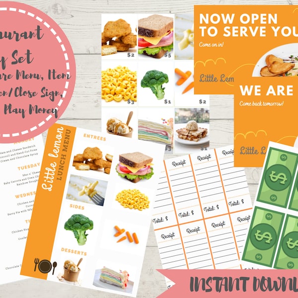 Restaurant Pretend Play - Money, Menu, Cafe Sign, Food Cards, Receipts, Kids Arts and Crafts - Printable Digital Download