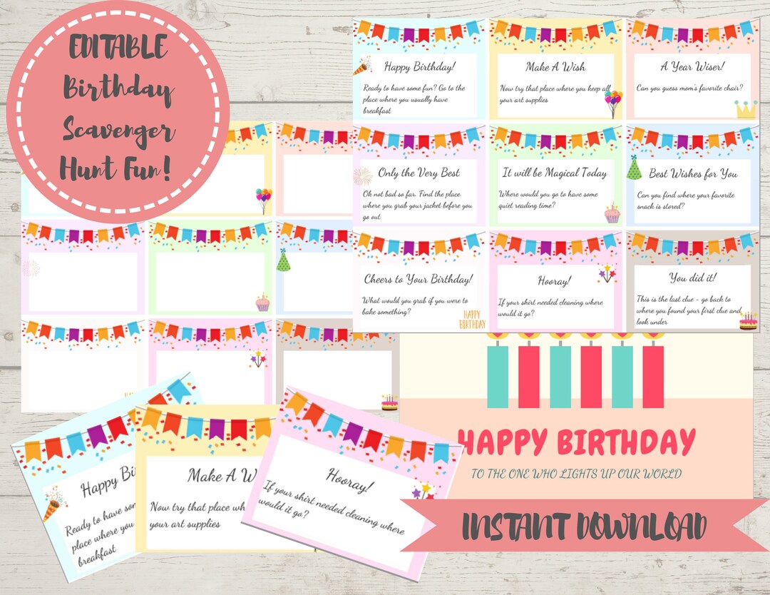 EDITABLE Birthday Scavenger Hunt Games - Party Activities Arts Crafts ...