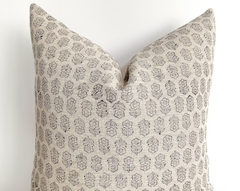 Wabi Floral Pillow Cover, Gray Block Print Cushion, Japandi Botanical Sofa Pillow, HACKNER HOME
