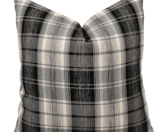 Highland Plaid Pillow Cover, Black Ivory Tartan Cushion, English Cottage Decor