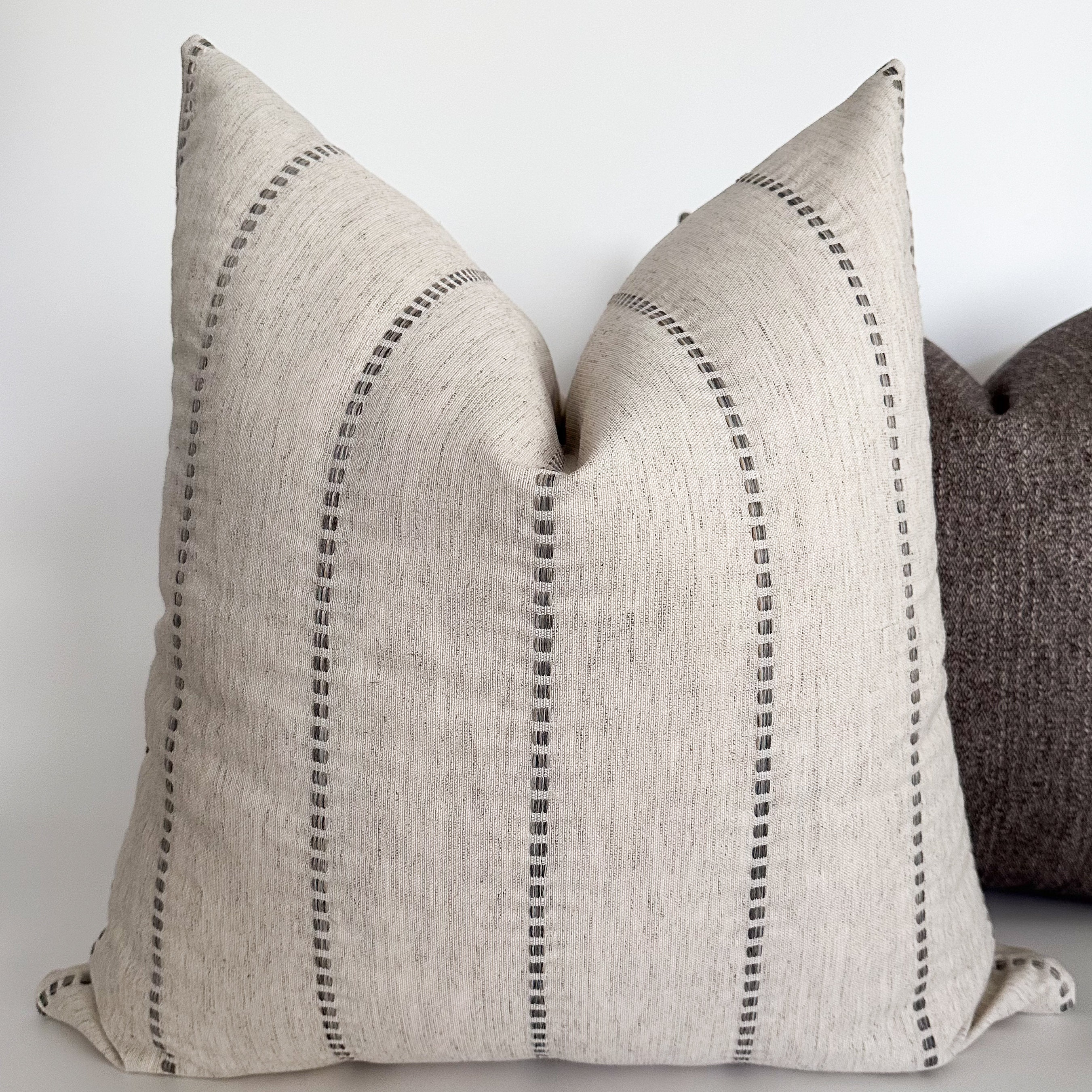 Embroidered Stripe Gray Pillow Cover Linen and Gray Pillow
