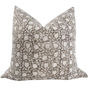 Greige Floral | Block Print Pillow Cover, Floral Pillow Cover, Gray Pillow Cover, Block Print Pillow Cover, Designer pillows, HACKNER HOME