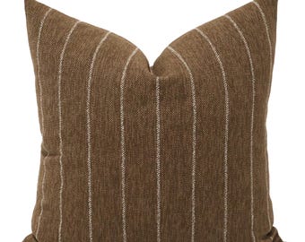 Tobacco Mill Pillow Cover, Brown Ivory Pinstripe Cushion, Rustic Luxury Mountain Decor