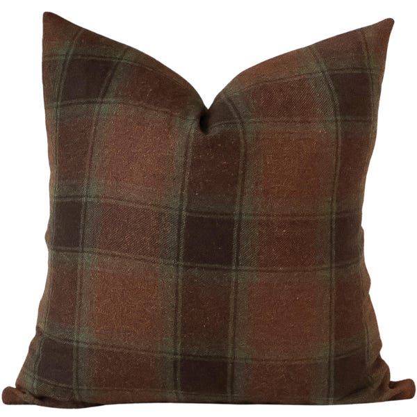 Young Philip Wool Plaid Pillow Cover, Green/Rust Cushion Cover, Fall Pillows, Hackner Home