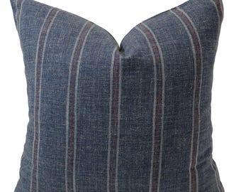 Foundry Stripe Pillow Cover, Indigo Blue Ivory Pinstripe Designer Cushion Cover, HACKNER HOME