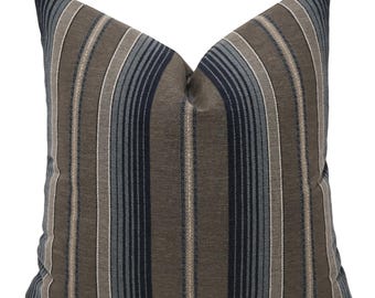 Sailcloth Stripe Pillow Cover, Navy Slate Blue Cushion, Coastal Beach House Decor