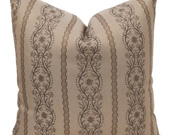 Margaux Floral Stripe Ale Pillow Cover, Tan Vintage Chinoiserie Jacquard Cushion Cover, HACKNER HOME