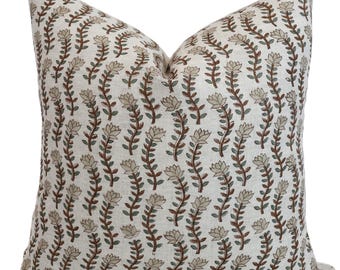 Willow Stem Linen Block Print Pillow Cover, Sage Green Brown Botanical Cushion Cover, Handmade Farmhouse Floral Decor