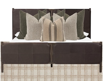 May include: A brown leather headboard with a tufted design and a plaid fabric footboard. The headboard has five pillows, two green, two beige, and one striped beige and brown.