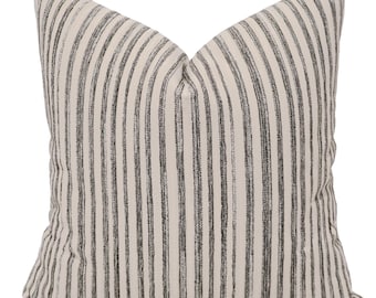 Salt Meadow Stripe Indoor/Outdoor Pillow Cover, Ivory Charcoal Cushion, Coastal Farmhouse Patio Decor
