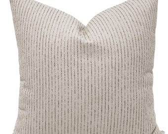 Oatfield Stripe Indoor/Outdoor Pillow Cover, Ivory Flax Woven Cushion, Coastal Sunroom Decor