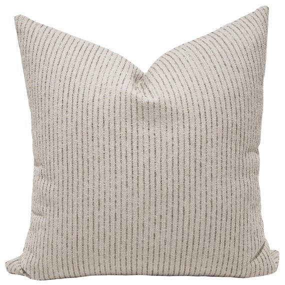 Oatfield Stripe Indoor/Outdoor Pillow Cover, Ivory Flax Woven Cushion, Coastal Sunroom Decor