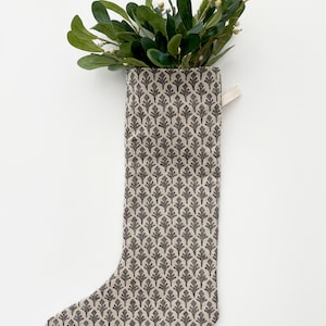 Gray Stocking, Charcoal Leaf Holiday Stocking, Floral Stocking, Neutral Christmas Stocking, Vintage Christmas Stocking, HACKNER HOME