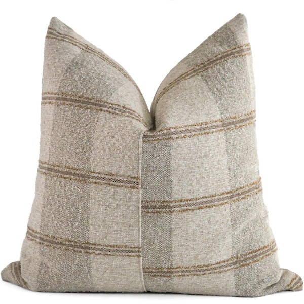 Mesa Wheat Offset Pillow Cover, Wheat Cream Plaid Pillow Cover, Wabi Sabi Offset Check Cushion, Organic Modern Neutral Sofa Pillow