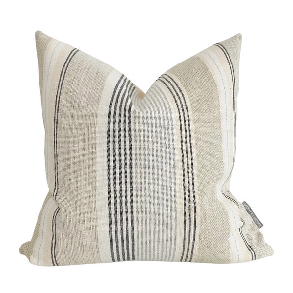 Vintage Grain Sack | Striped Linen Pillow Cover, Textured Pillow Cover, Cream & Black Pillow Cover, Farmhouse Pillow Cover, Hackner Home