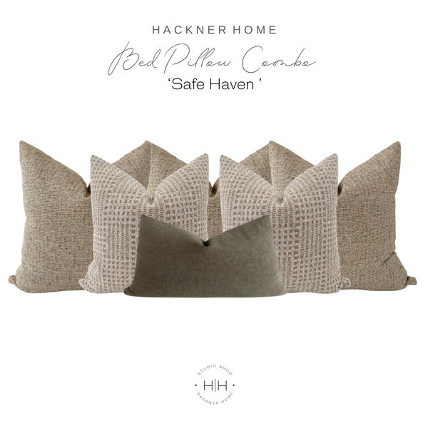 Bed Pillow Combo 'Safe Haven', Bedroom Pillows, Pillow Combos, Green Pillows, Brown Pillows, Tan Pillows, Pillow Cover Set, HACKNER HOME