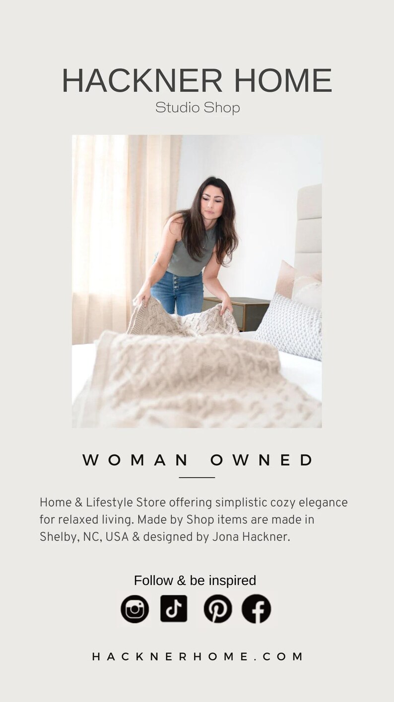 May include: A beige cable knit throw blanket with a textured pattern. The text HACKNER HOME Studio Shop is at the top. The text WOMAN OWNED is below the image. Additional text includes Home & Lifestyle Store, Follow & be inspired, and HACKNERHOME.COM.