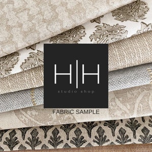 May include: A collection of fabric samples in various neutral tones, including beige, gray, and off-white. The fabrics display different textures and patterns, such as floral and geometric designs. The image includes the text "FABRIC SAMPLE" and the "HH studio shop" logo.