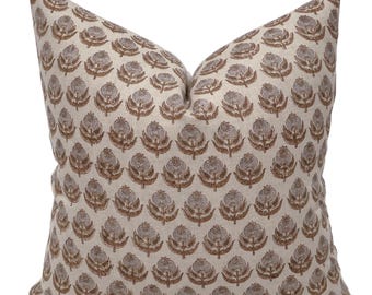 Heritage Bloom Block Print Pillow Cover, Brown Floral Linen Farmhouse Cushion Covers, HACKNER HOME
